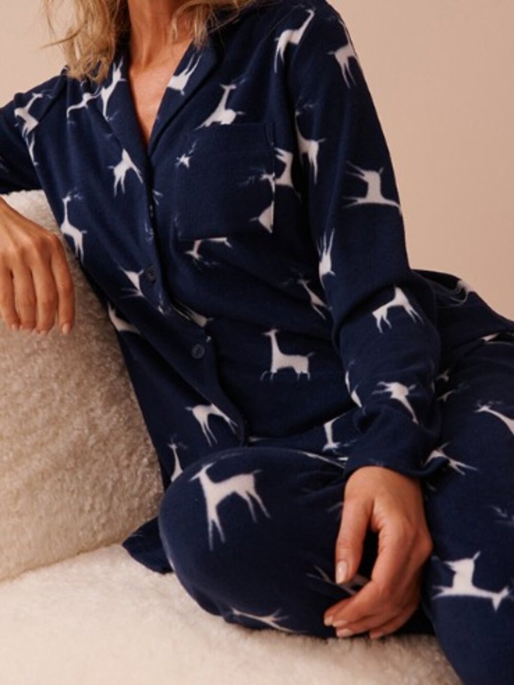 La Vie en Rose Blue Reindeer Winter Print Micropolar Pajama Set - Large